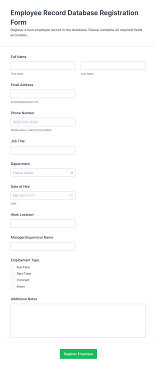 Employee Record Database Registration Form Template