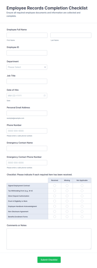 Employee Records Completion Checklist Form Template