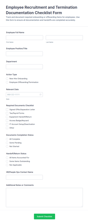 Employee Recruitment And Termination Documentation Checklist Form Template