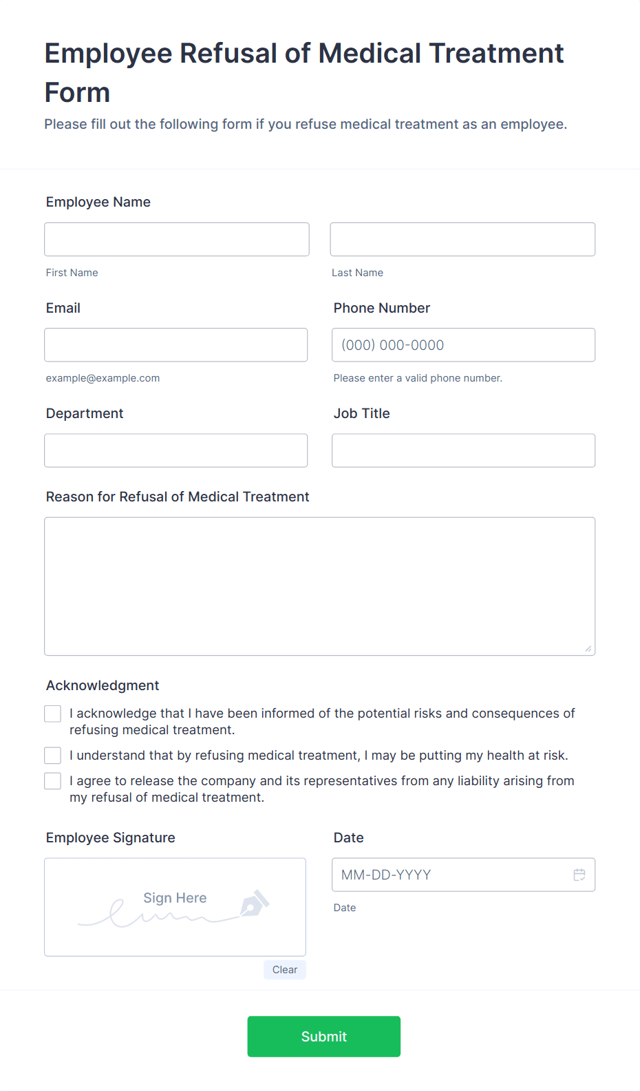 Employee Refusal of Medical Treatment Form Template | Jotform