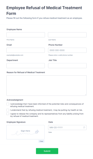 Employee Refusal Of Medical Treatment Form Template