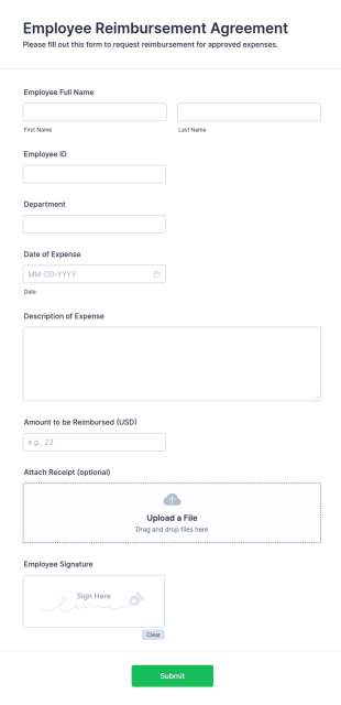 Employee Reimbursement Agreement Form Template