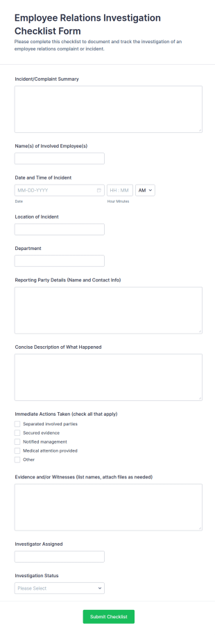 Employee Relations Investigation Checklist Form Template