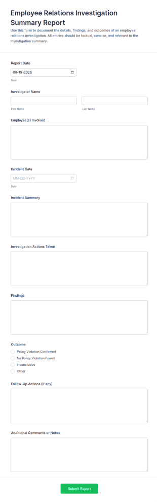 Employee Relations Investigation Summary Report Form Template