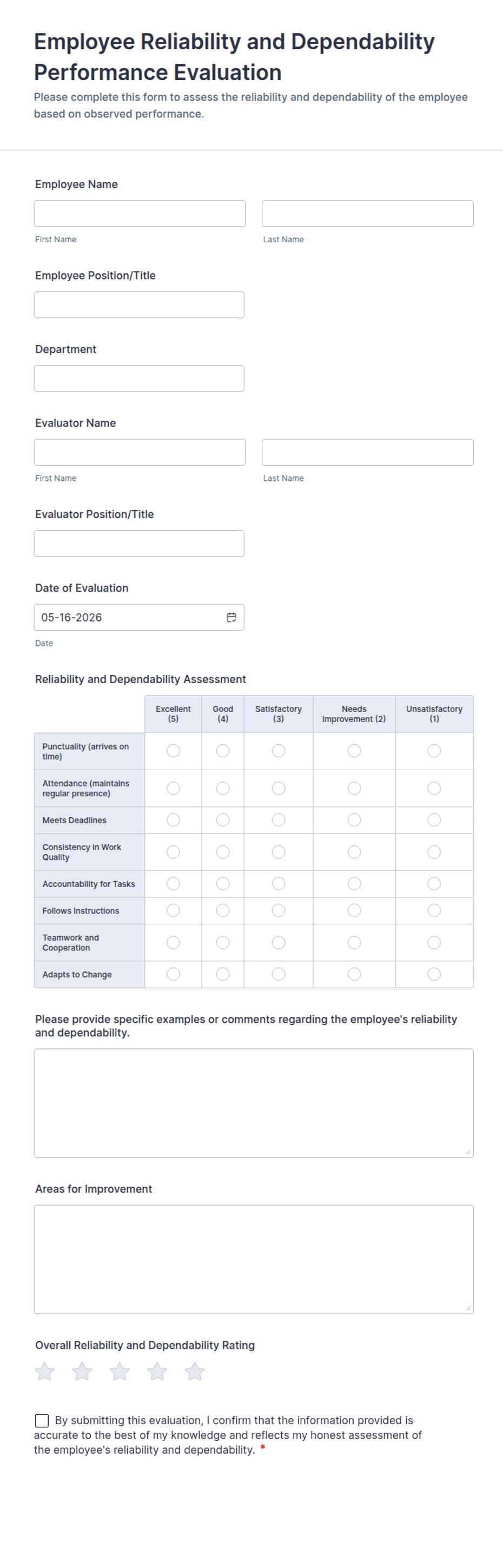 Employee Reliability and Dependability Performance Evaluation Form ...