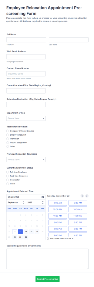Employee Relocation Appointment Pre Screening Form Template