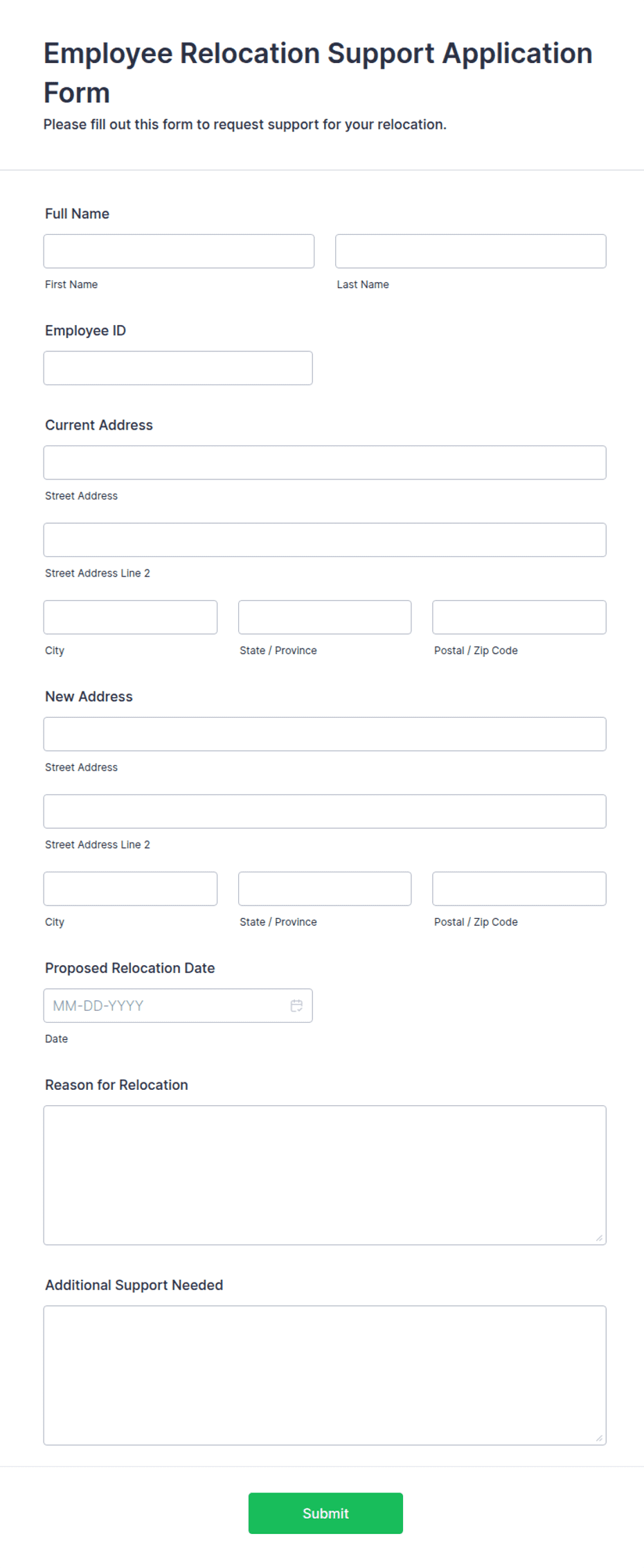 Employee Relocation Support Application Form Template | Jotform
