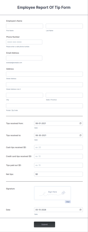 Employee Report Of Tip Form Template