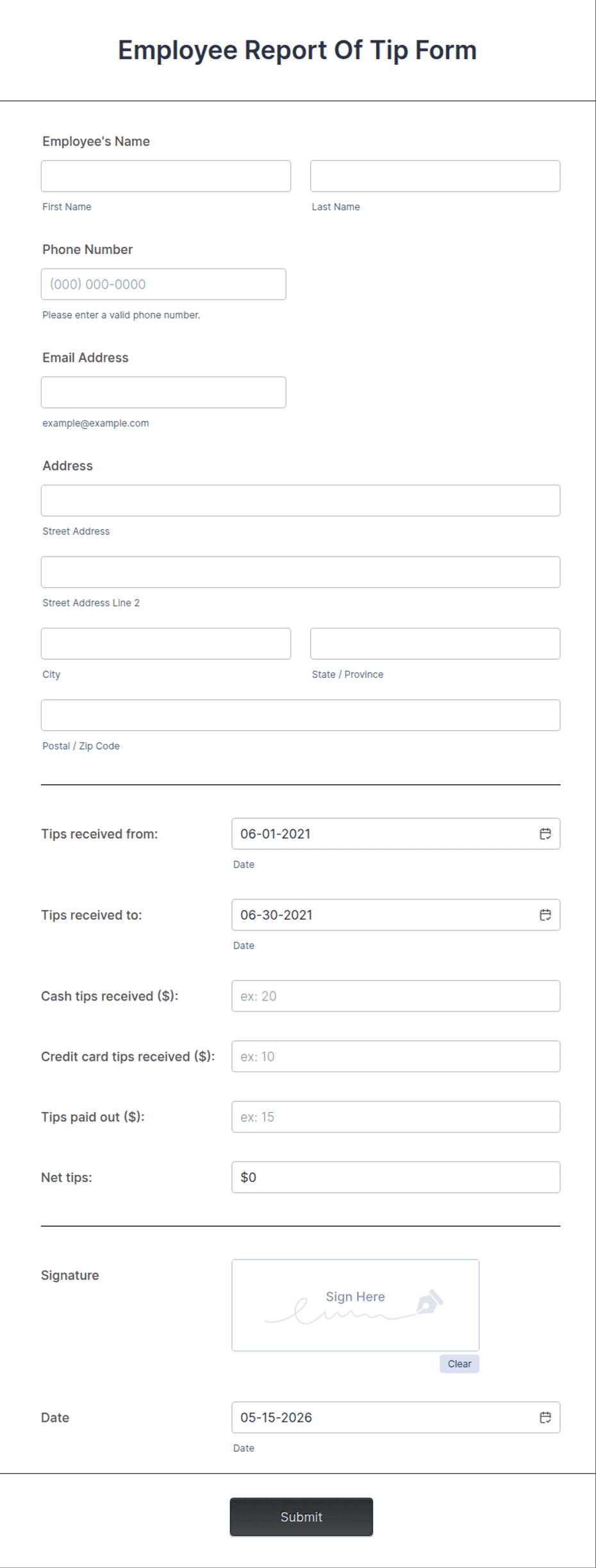 Employee Report Of Tip Form Template | Jotform