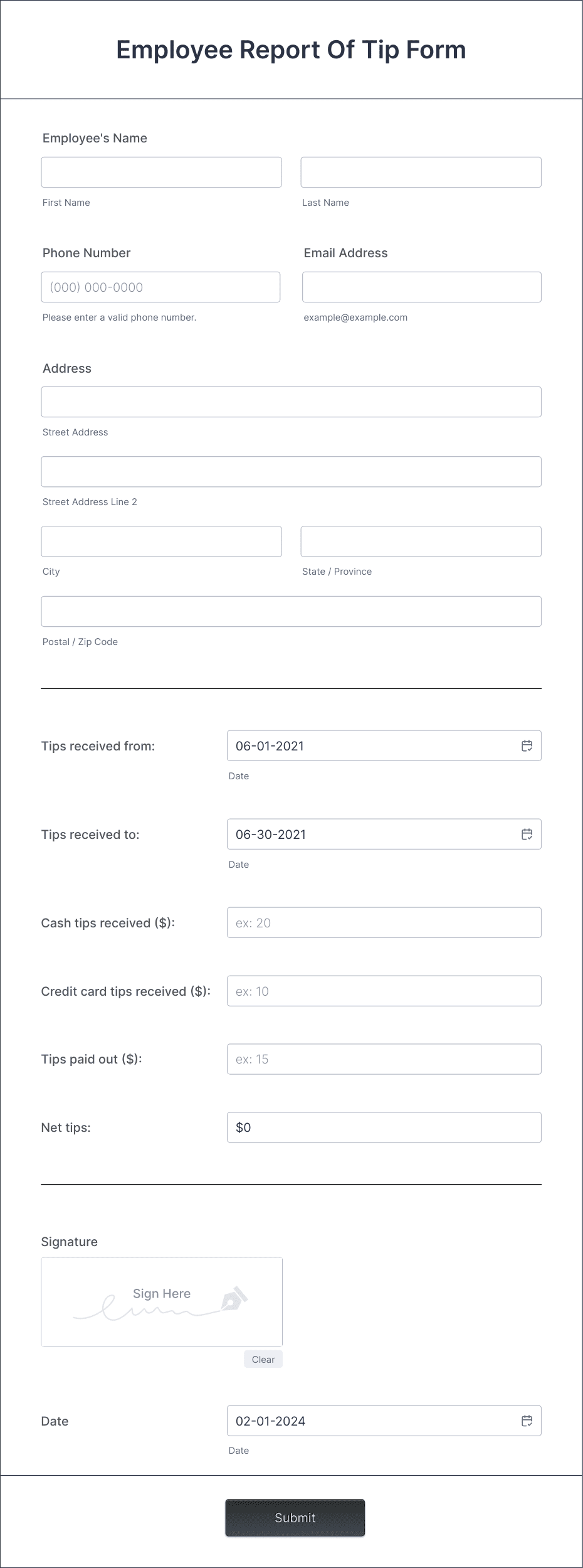 Employee Report Of Tip Form Template | Jotform