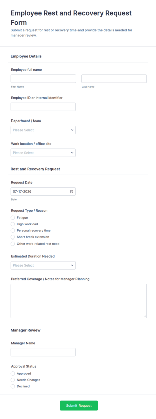 Employee Rest And Recovery Request Form Template