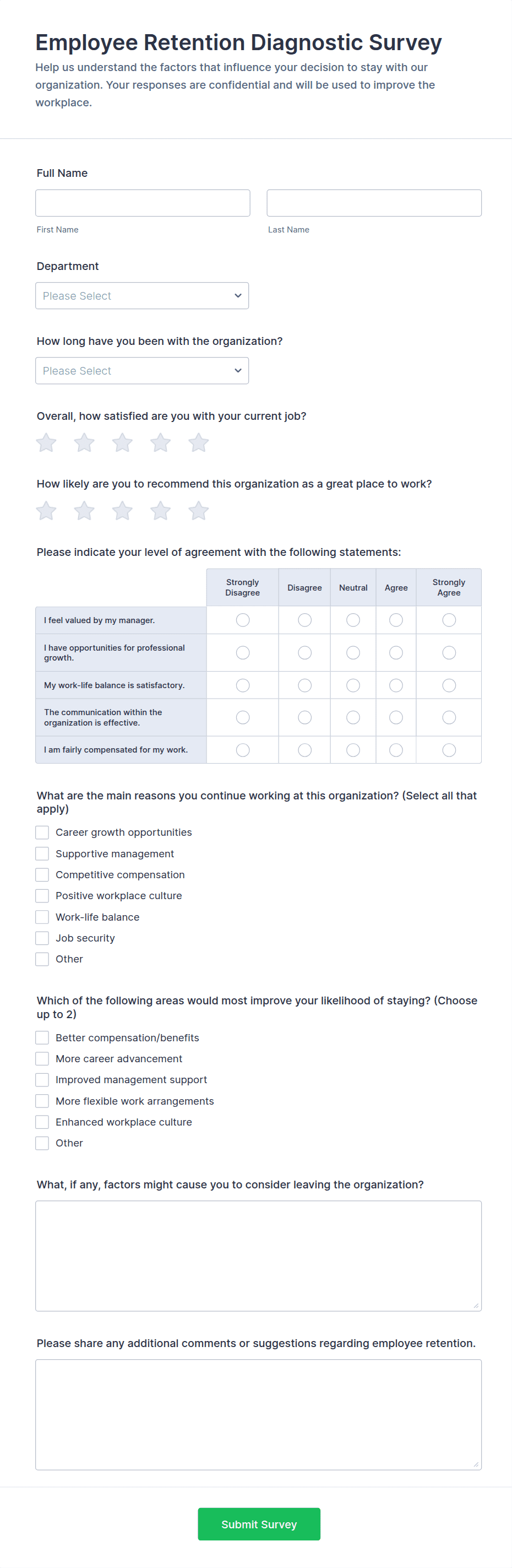 Employee Retention Diagnostic Survey Form Template | Jotform