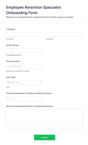 Employee Retention Specialist Onboarding Form Template