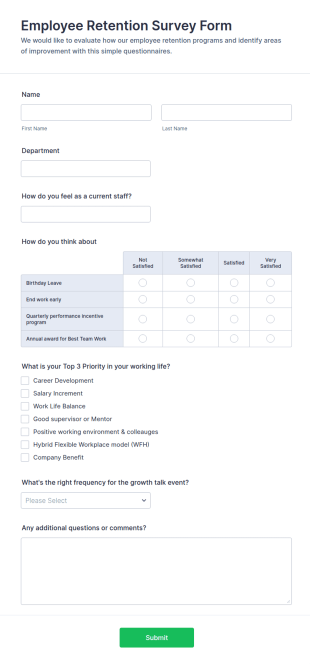 Employee Retention Survey Form Template