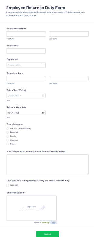 Employee Return To Duty Form Template