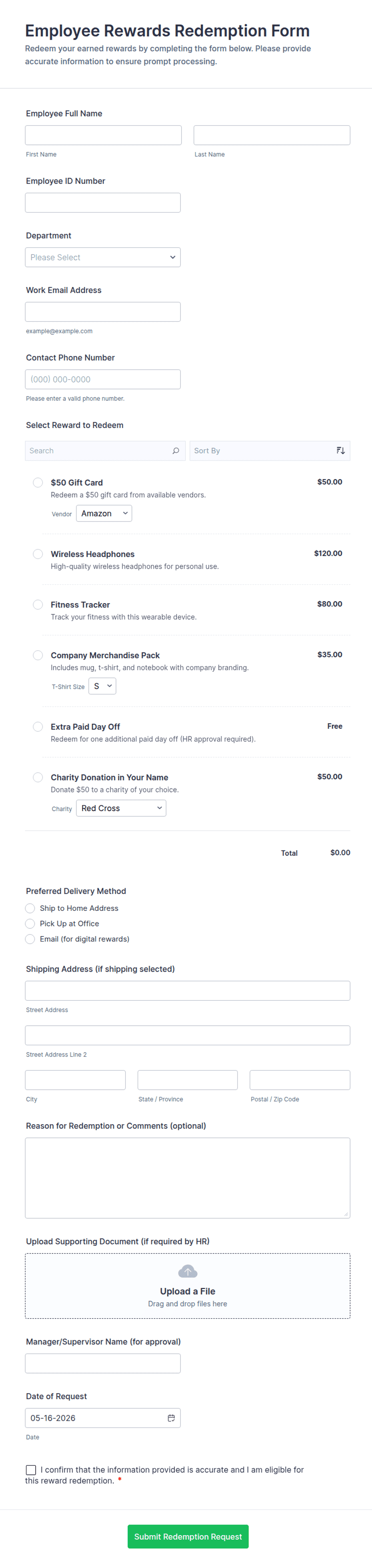 Employee Rewards Redemption Form Template | Jotform