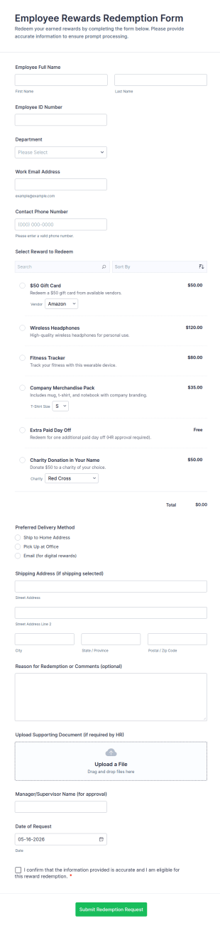 Employee Rewards Redemption Form Template