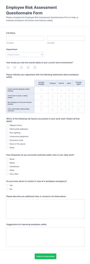 Employee Risk Assessment Questionnaire Form Template