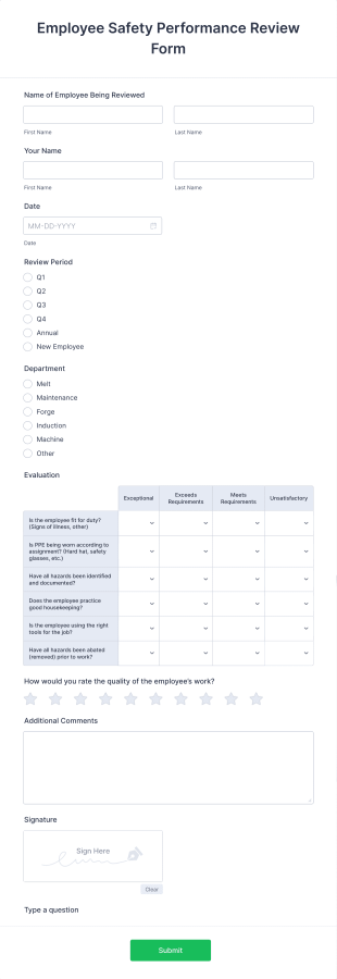 Employee Safety Performance Review Form Template