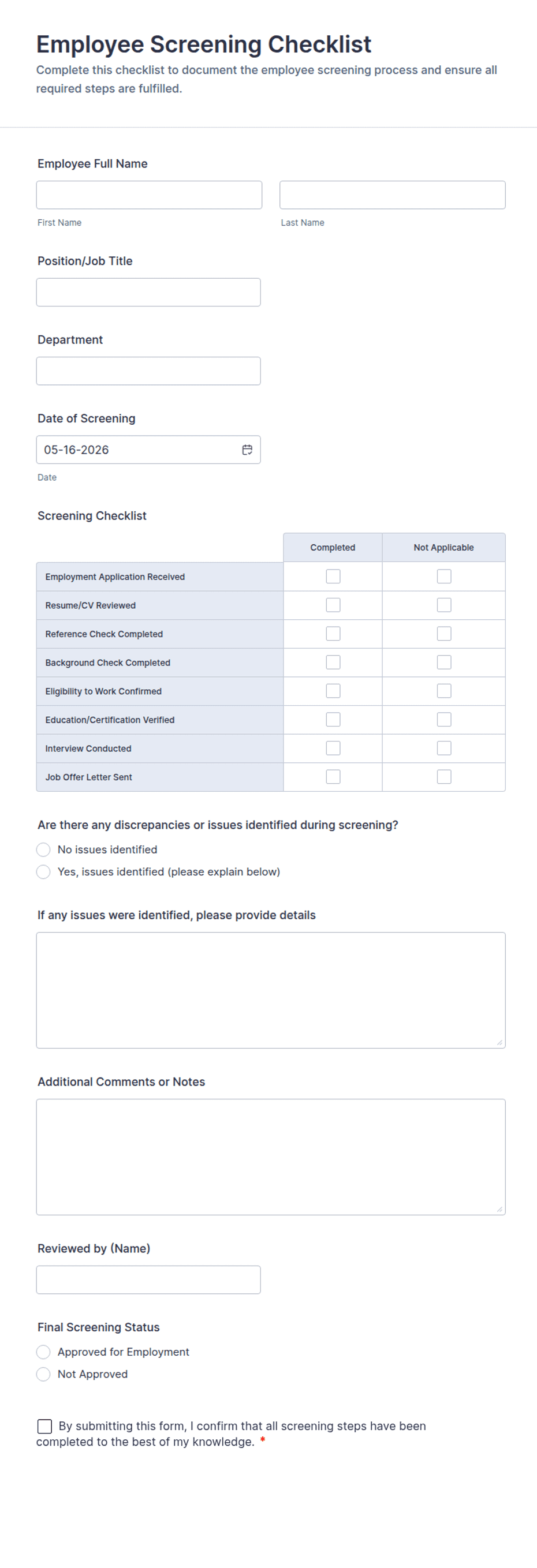 Everyone Screening Tool Form.pdf Employee Screening Checklist Form Template | Jotform