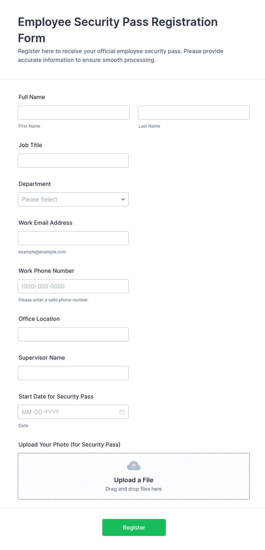 Employee Security Pass Registration Form Template | Jotform