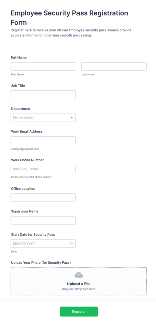 Employee Security Pass Registration Form Template