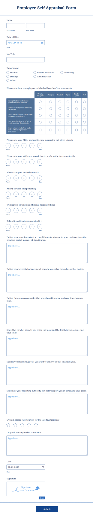 Employee Self Appraisal Form Template