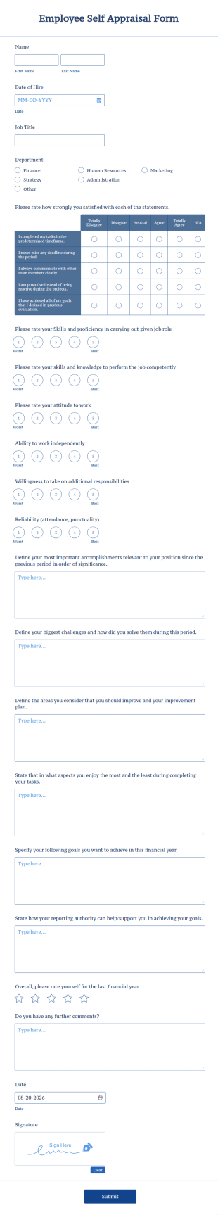 Employee Self Appraisal Form Template