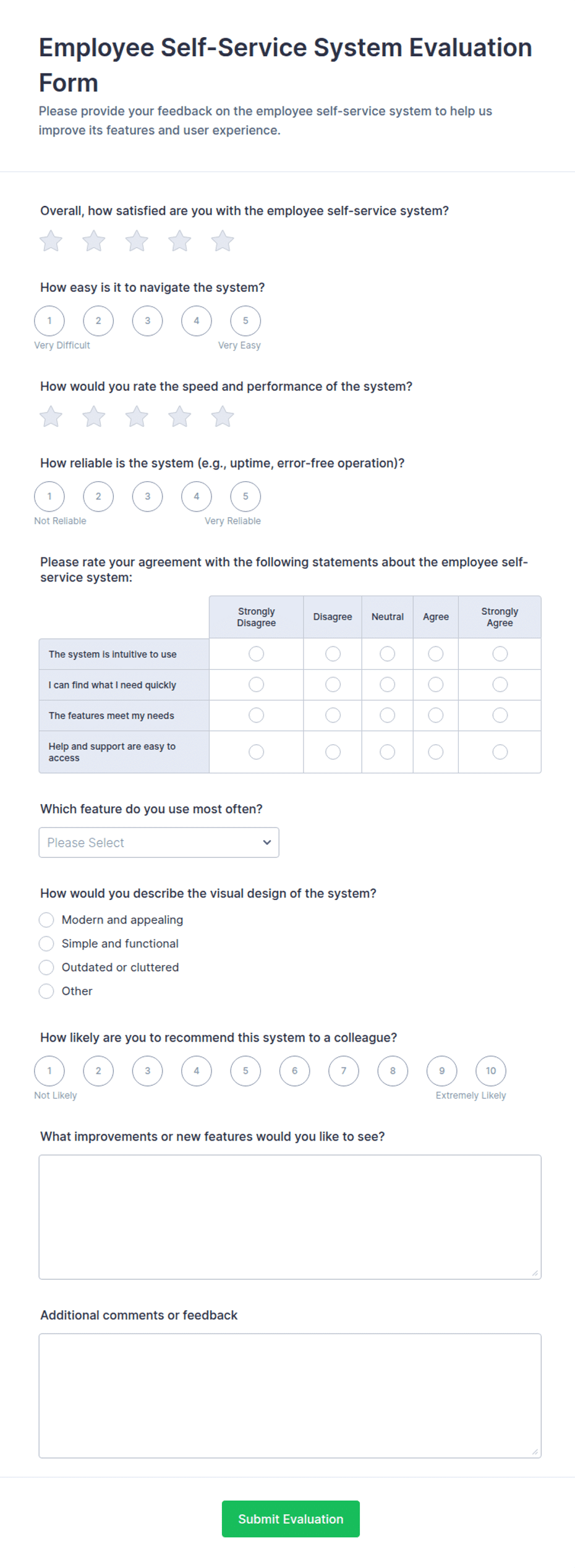 Employee Self-Service System Evaluation Form Template | Jotform