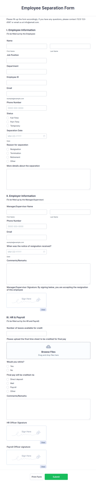 Employee Separation Form Template