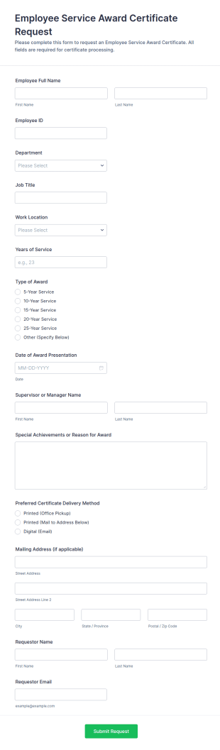 Employee Service Award Certificate Request Form Template
