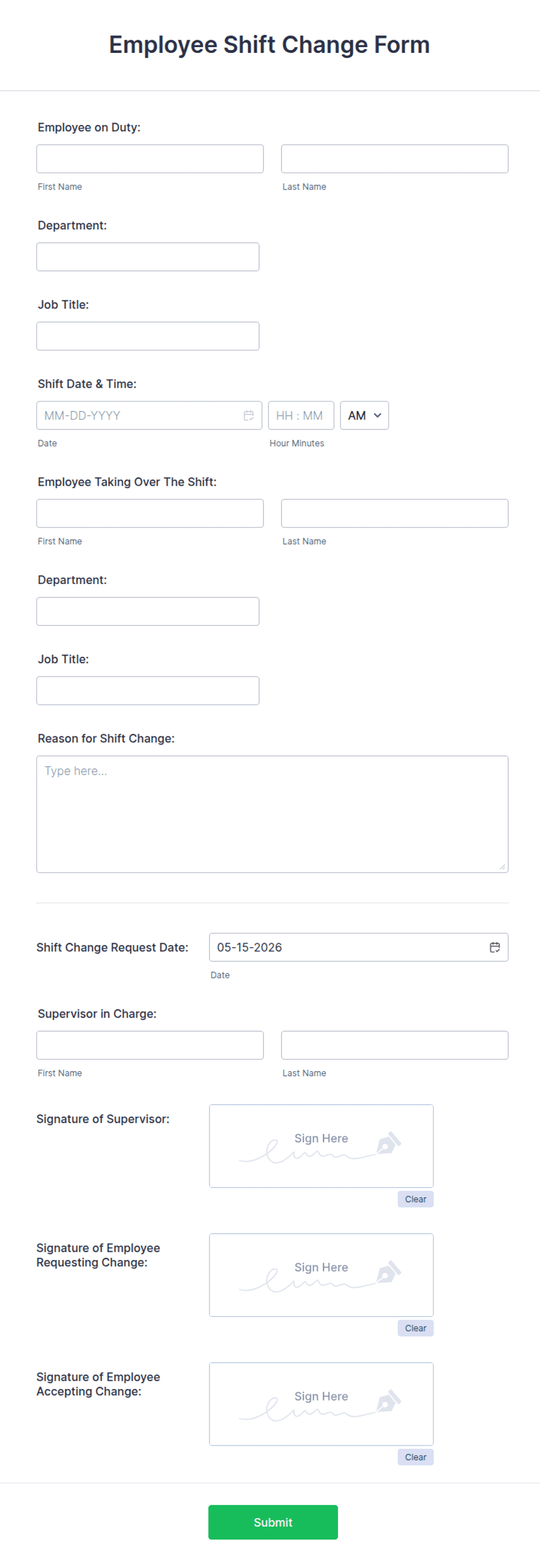 Shift Key Assignment Form Employee Shift Change Form Template | Jotform