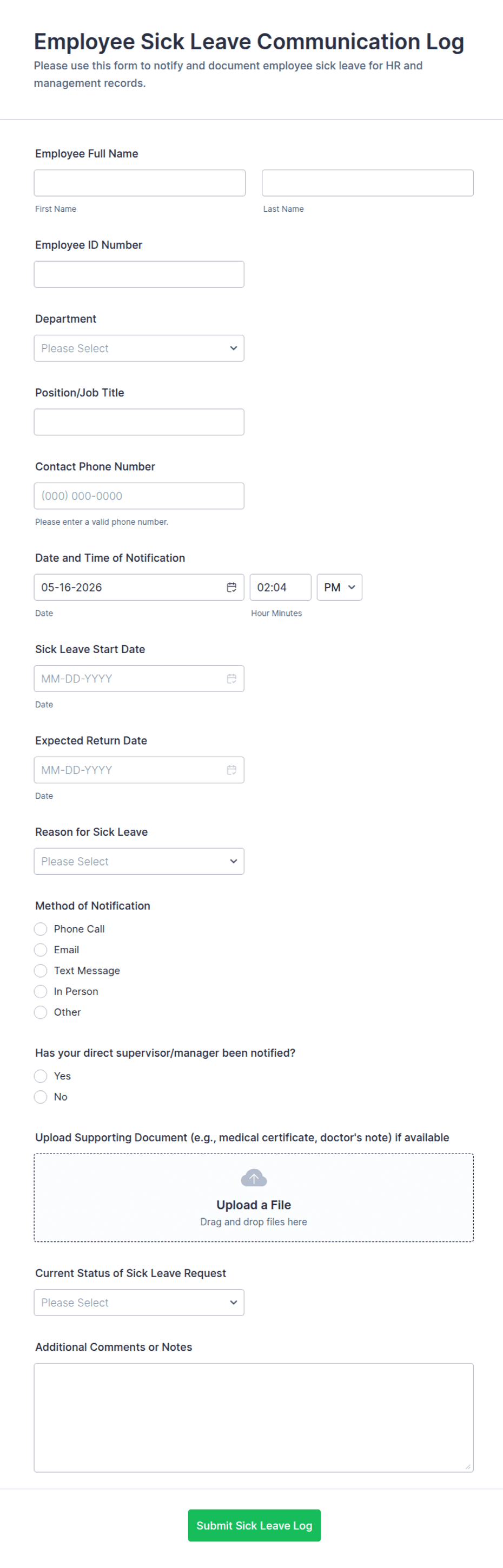 Employee Sick Leave Communication Log Form Template | Jotform