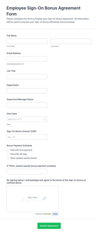 Employee Sign On Bonus Agreement Form Template