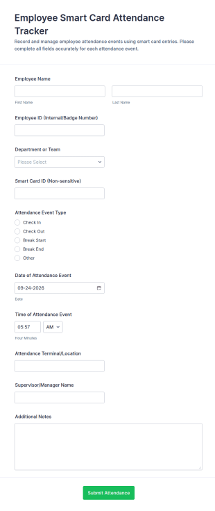 Employee Smart Card Attendance Tracker Form Template