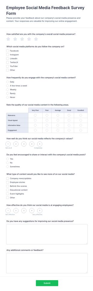Employee Social Media Feedback Survey Form Template