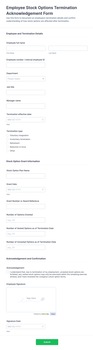 Employee Stock Options Termination Acknowledgement Form Template