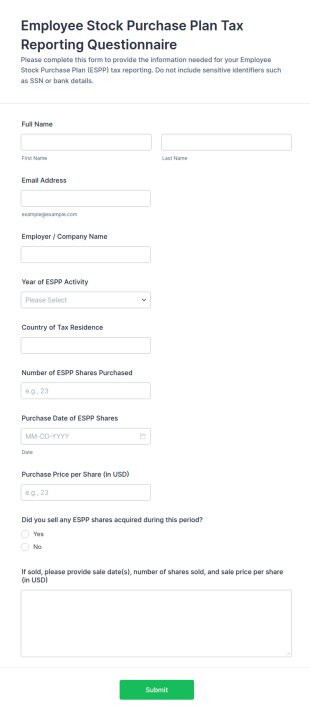 Employee Stock Purchase Plan (ESPP) Tax Reporting Questionnaire Form Template