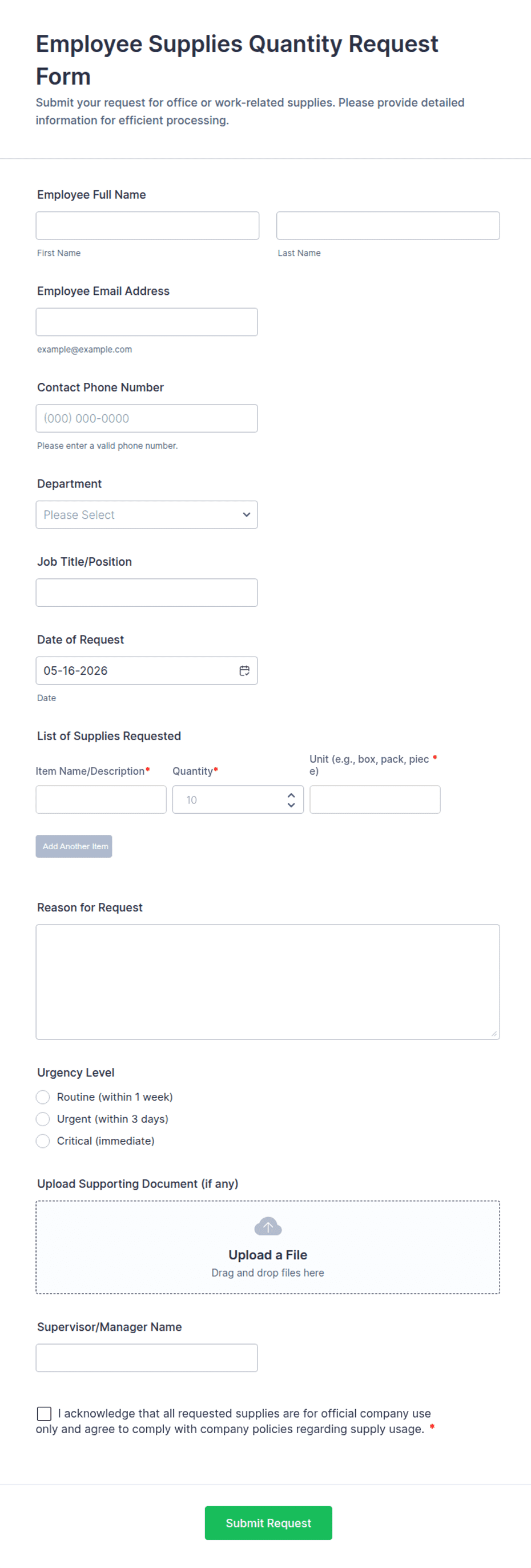 Quantity Sort Form Employee Supplies Quantity Request Form Template | Jotform