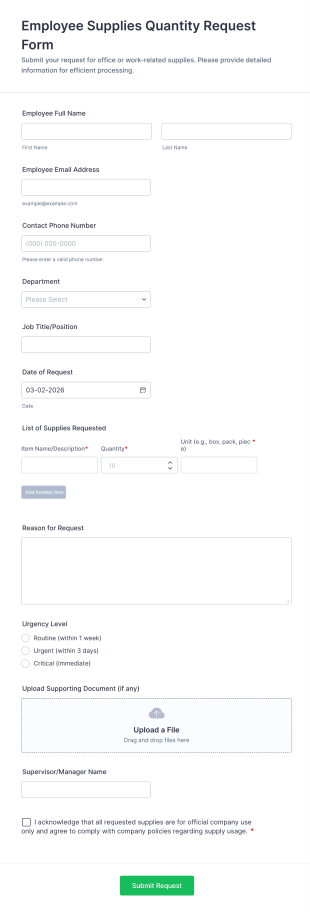 Employee Supplies Quantity Request Form Template