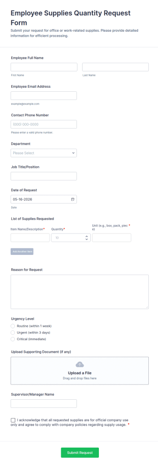 Employee Supplies Quantity Request Form Template