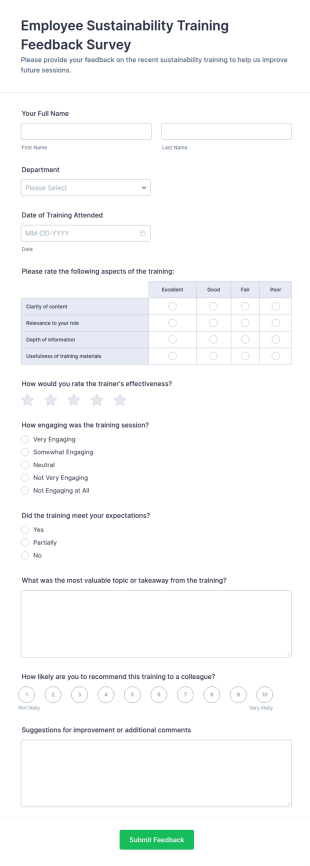 Employee Sustainability Training Feedback Survey Form Template