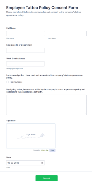 Employee Tattoo Policy Consent Form Template