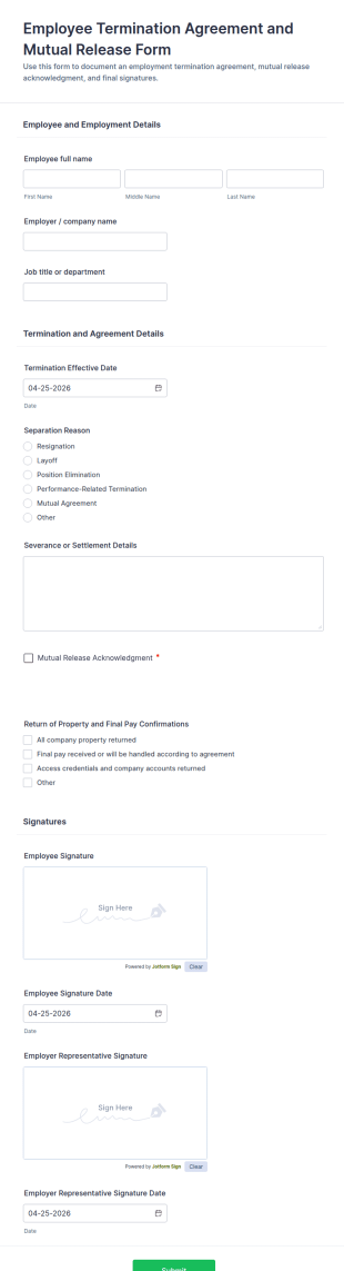 Employee Termination Agreement And Mutual Release Form Template
