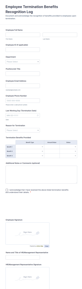Employee Termination Benefits Recognition Log Form Template