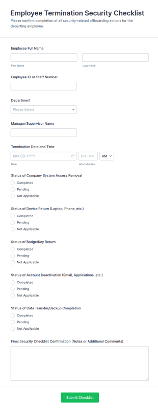 Employee Termination Security Checklist Form Template