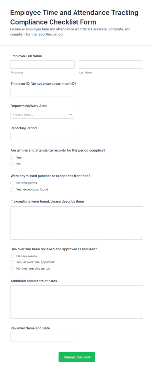 Employee Time And Attendance Tracking Compliance Checklist Form Template