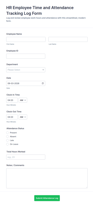 Employee Time And Attendance Tracking Log Form Template