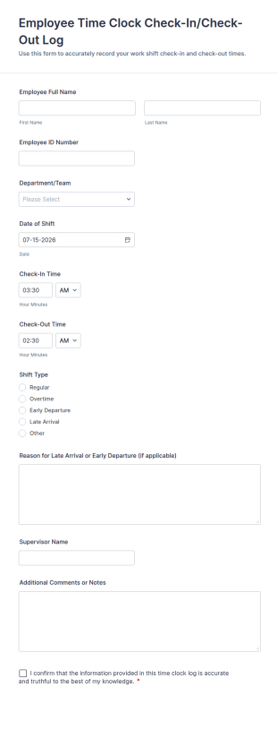 Employee Time Clock Check In/Check Out Log Form Template