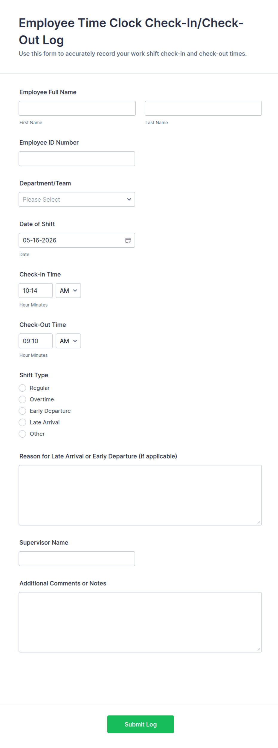 Employee Time Clock Check-In/Check-Out Log Form Template | Jotform